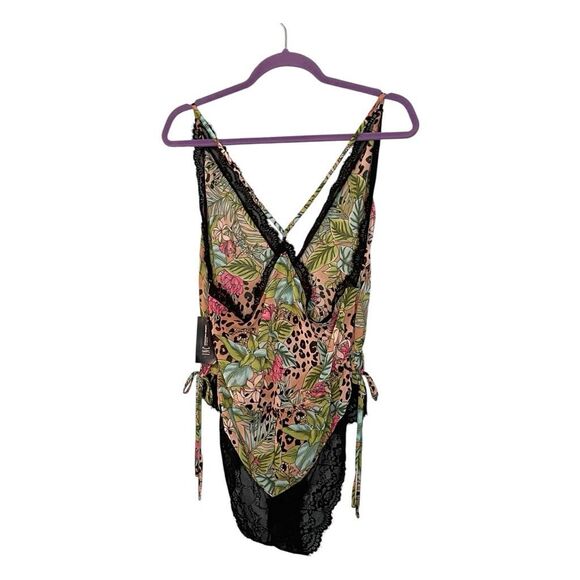 INC International Concepts Lace Chiffon Floral Lingerie Bodysuit Jungle Leopard - Picture 3 of 8